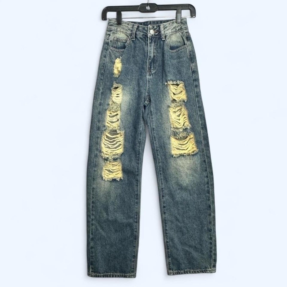 Distressed Baggy Jeans Sz XXS High Rise Grunge Y2K Streetwear Denim Thrashed